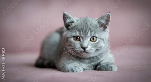 Adorable gray kitten resting on pink background for pet lovers and home decor