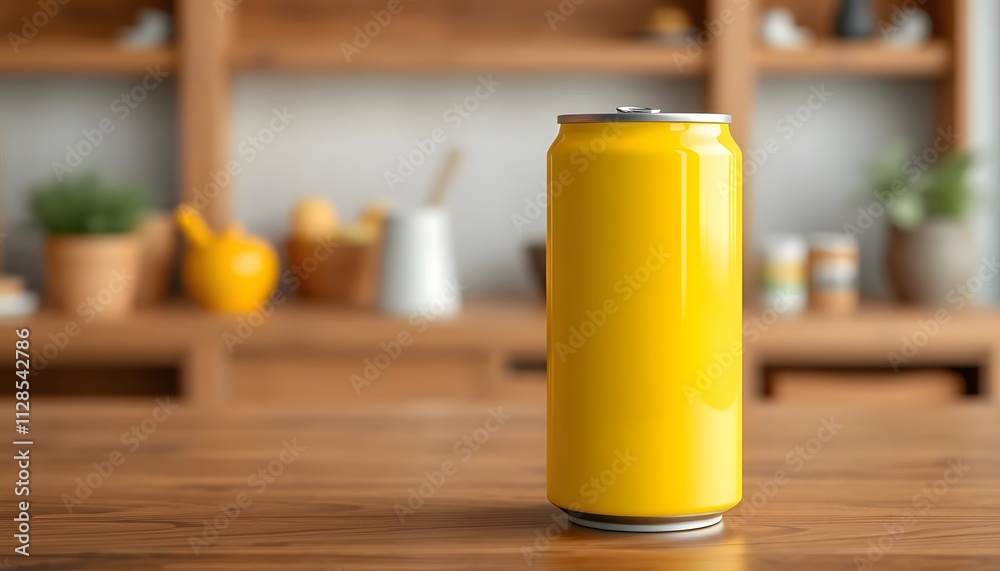 plain yellow canned drink standing on wooden table plain yellow canned drink standing on wooden table