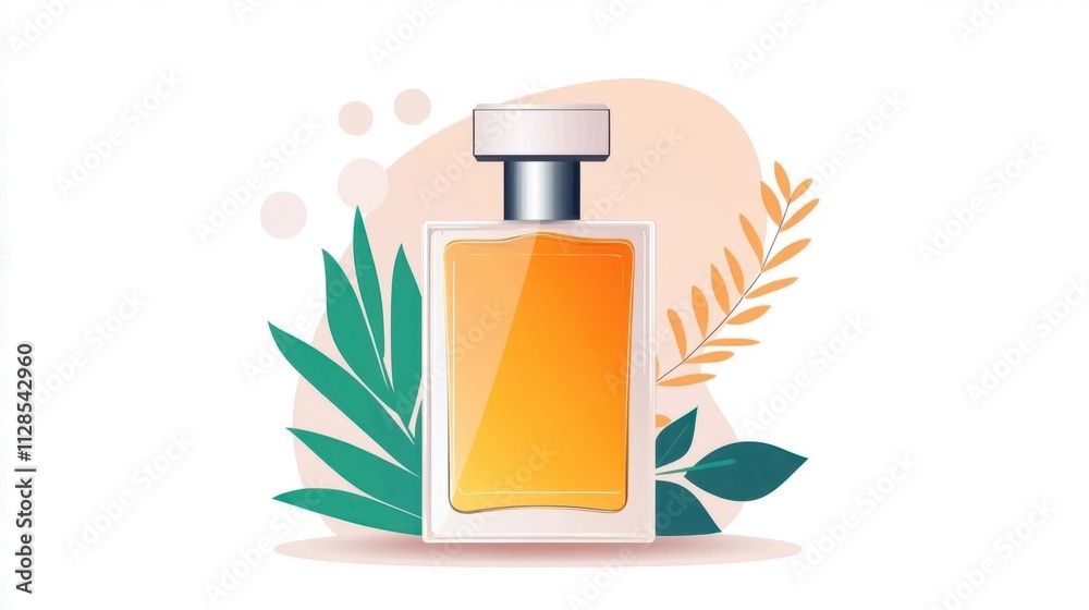 Elegant Perfume Bottle Surrounded by Green Leaves and Flowers Elegant Perfume Bottle Surrounded by Green Leaves and Flowers