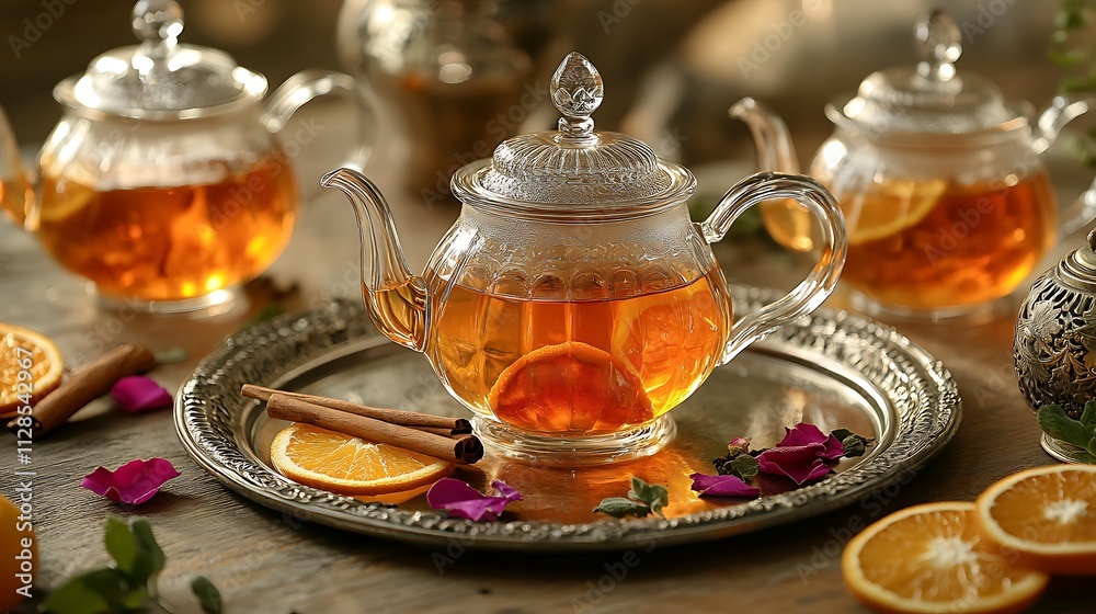 A luxurious tea setup with crystal-clear glass teapots, each filled with vibrant herbal teas, surrounded by fresh garnishes like orange slices, cinnamon sticks, and rose petals, A luxurious tea setup with crystal-clear glass teapots, each filled with vibrant herbal teas, surrounded by fresh garnishes like orange slices, cinnamon sticks, and rose petals,