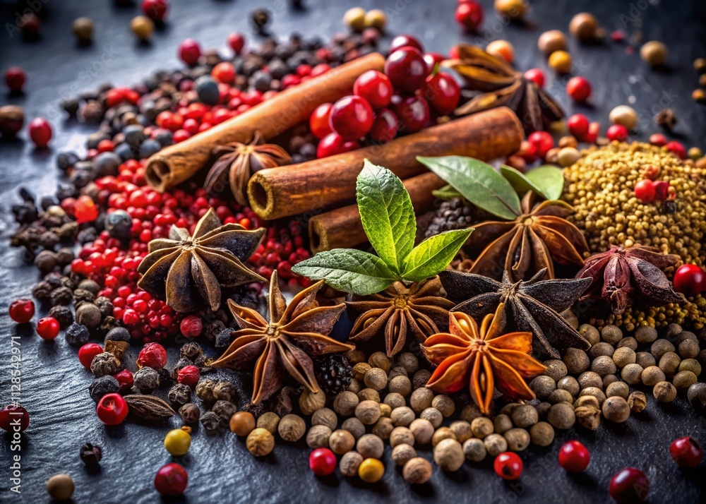 A Diverse Collection of Assorted Spices on a Dark Surface with Misty Effect, Featuring Peppercorns and Star Anise for Culinary and Aromatic Inspiration A Diverse Collection of Assorted Spices on a Dark Surface with Misty Effect, Featuring Peppercorns and Star Anise for Culinary and Aromatic Inspiration