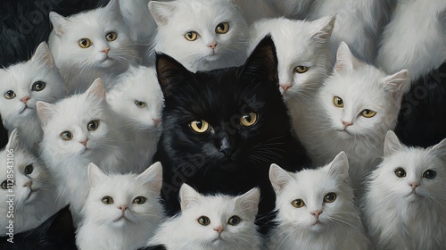 A striking contrast of a black cat surrounded by a group of white cats, showcasing their unique personalities. photo