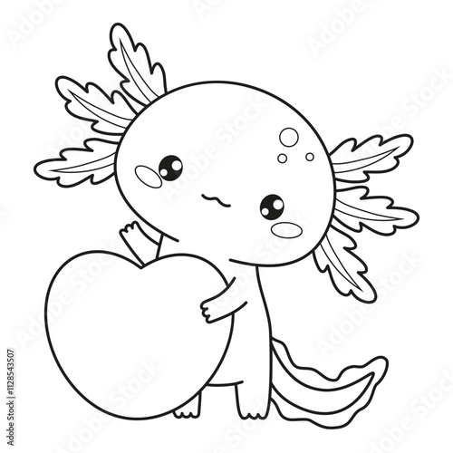 Outline Romantic Axolotl with heart. Little festive cartoon kawaii character. Line drawing, coloring book. Vector illustration. Kids collection. Holiday cool valentine animal