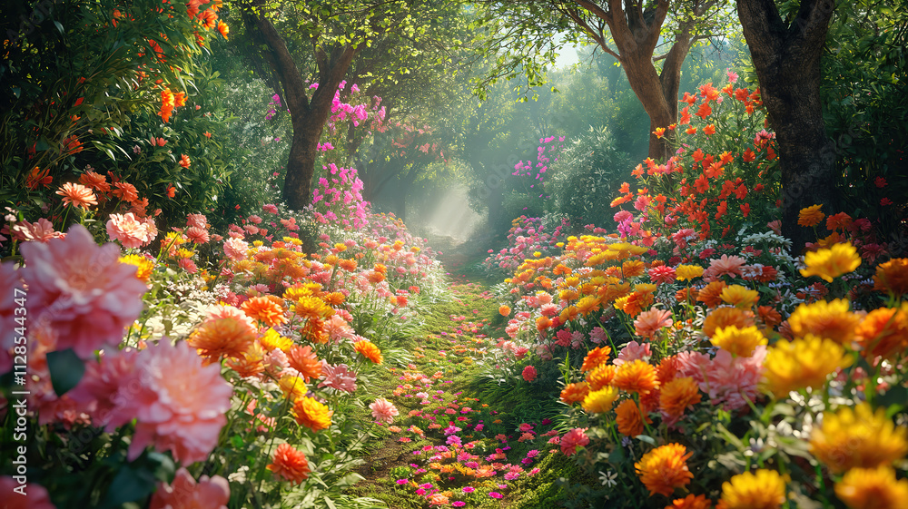 Charming Eden Landscape Overflowing with Beautiful Garden Flowers Charming Eden Landscape Overflowing with Beautiful Garden Flowers
