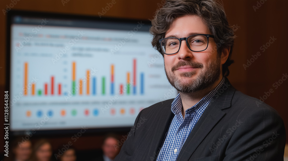 A man in a suit stands in front of a large screen with a graph on it. He is smiling and he is confident A man in a suit stands in front of a large screen with a graph on it. He is smiling and he is confident