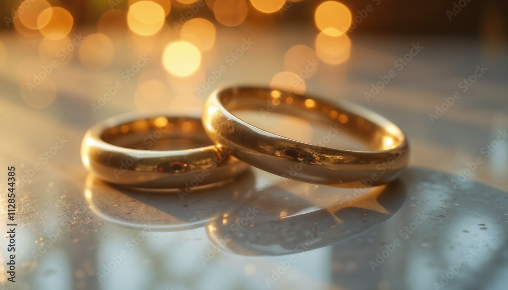 A pair of golden wedding rings symbolizing infinity on a reflective surface with warm soft light A pair of golden wedding rings symbolizing infinity on a reflective surface with warm soft light