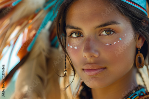 Generative AI image of a Native American person in traditional attire, highlighting the rich cultural heritage and spiritual connection to nature photo