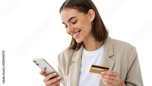 Happy office manager shopping online, browsing web stores, buying annual mobile app membership spending her salary holding orange credit card in hand