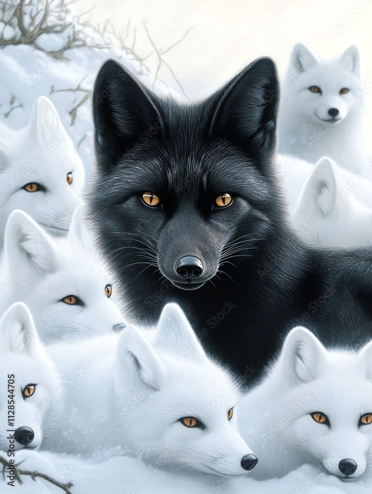 Naklejka premium A striking black fox surrounded by a group of arctic foxes in a snowy landscape, showcasing unique wildlife dynamics.