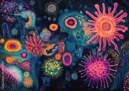 Vibrant abstract artwork depicting colorful microorganisms, cells, and viruses in a dark background.