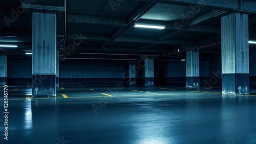 Dimly Lit Abandoned Parking Garage with Concrete Pillars