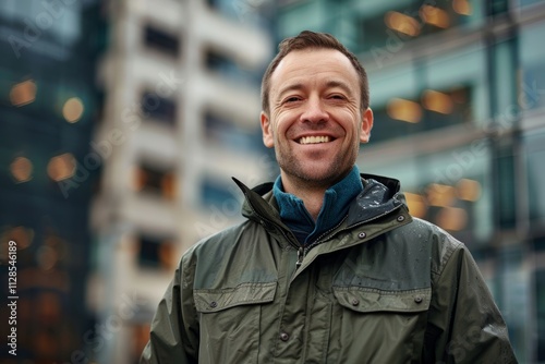 Portrait of a happy caucasian man in his 30s sporting a waterproof rain jacket in front of sophisticated corporate office background