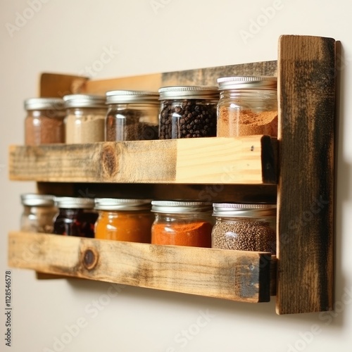 Rustic wooden spice rack with glass jars filled with various spices. photo