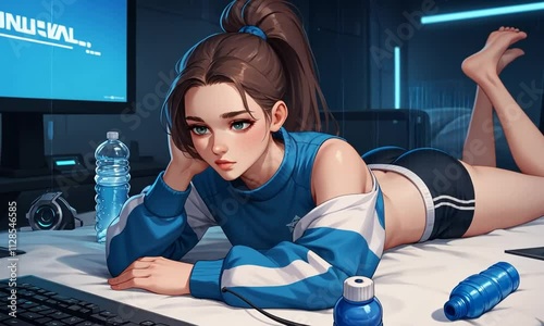 Engaging evening spent gaming while lounging in a cozy room filled with energy drinks and technology