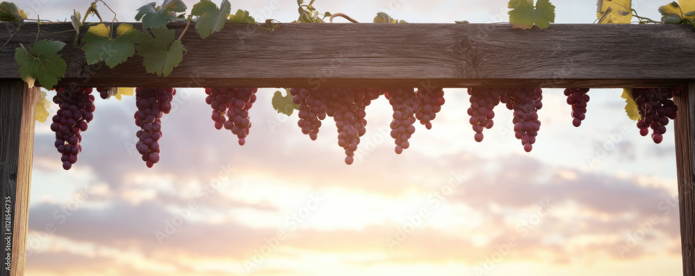 Obraz premium beautiful composition of ripe grape clusters hanging from wooden trellis against stunning sunset backdrop, evoking sense of tranquility and abundance