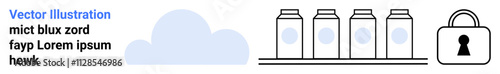 Cloud icon, four server units on a shelf beside a lock. Ideal for cloud storage, data security, internet safety, technology reliability, cybersecurity, digital encryption network. Landing page