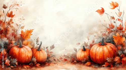 thanksgiving background with pumpkins turkey and leaves copy space for text digital watercolor painting photo