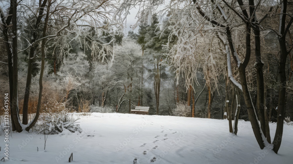 Fototapeta premium Serene Winter Landscape with Snow-Covered Trees and a Bench. A tranquil winter scene featuring trees blanketed in snow, a lone bench, and soft footprints in the white snow under a cloudy sky...