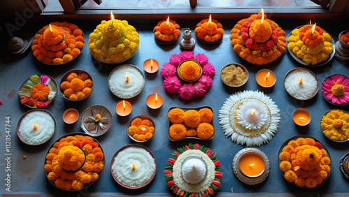 Traditional Indian floral decorations and diyas for festivals photo