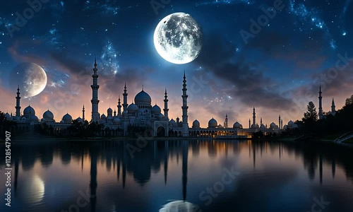 A serene night scene of a mosque silhouette against a starry sky and reflective water. photo