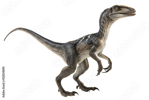 Velociraptor is carnivorous dromaeosaurid dinosaur of the late Cretaceous period isolated on white background. photo