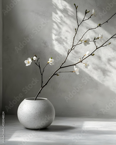 White Blossoms in Minimalist Vase, Spring Still Life photo