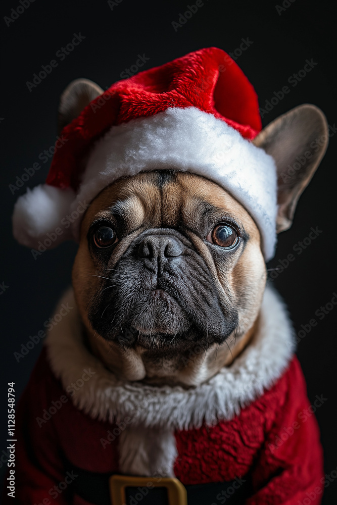 A small French bulldog dressed in a classic Santa suit, including a tiny red hat with white pom-pom, cozy red jacket with black belt, detailed and playful look, isolated with no background. A small French bulldog dressed in a classic Santa suit, including a tiny red hat with white pom-pom, cozy red jacket with black belt, detailed and playful look, isolated with no background.