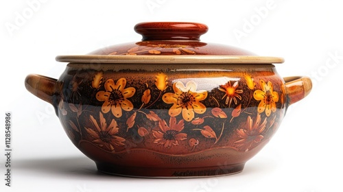 A traditional, ceramic hotpot with a classic, floral design and a warm, earthy tone, isolated on a white background 