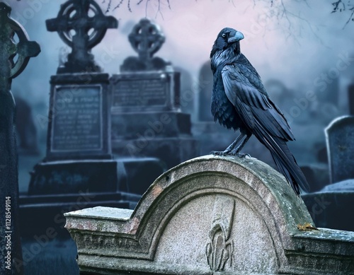 Raven on an Ancient Tombstone in an Old Cemetery photo