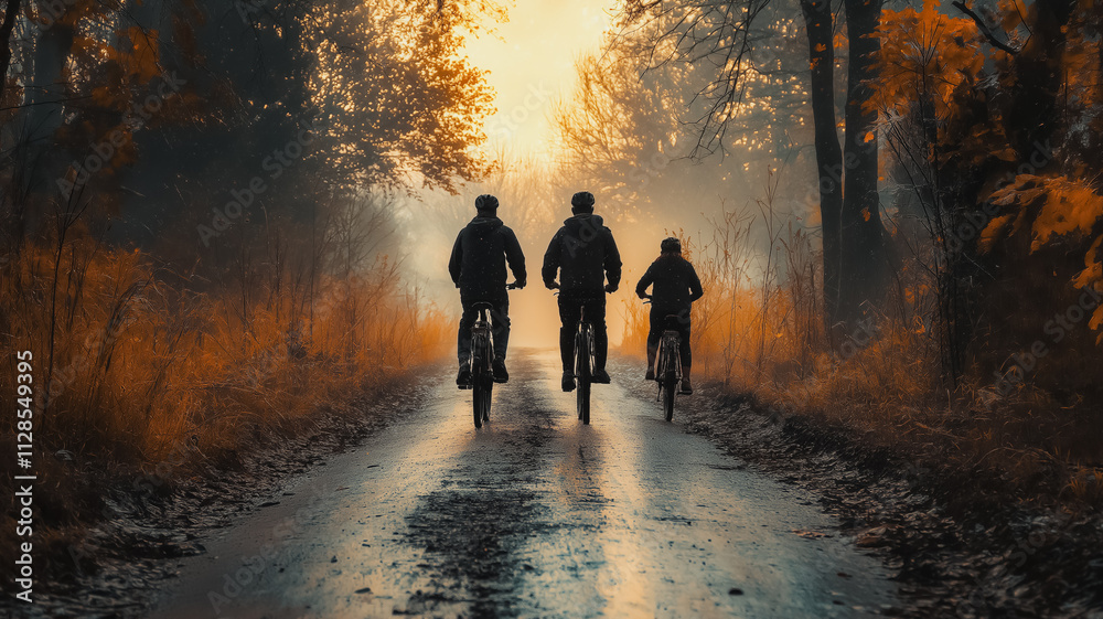 Three people riding bikes on a road in the woods. The road is wet and the sun is setting Three people riding bikes on a road in the woods. The road is wet and the sun is setting