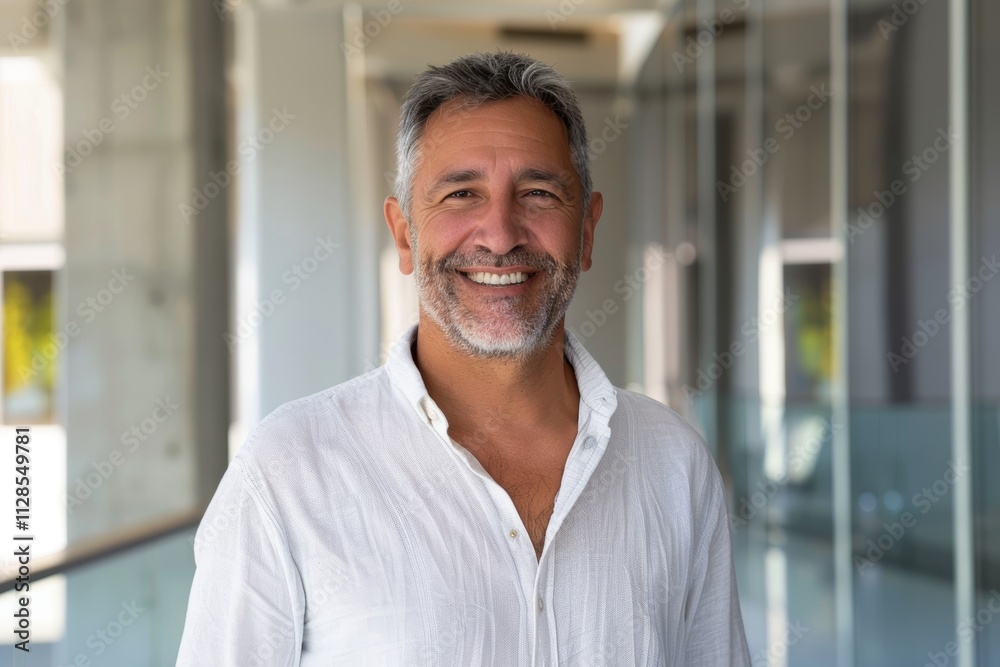 Fototapeta premium Portrait of a joyful man in his 50s wearing a simple cotton shirt isolated in sophisticated corporate office background