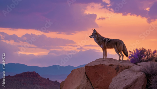 Coyote standing proudly on rocky outcrop at sunset with colorful sky