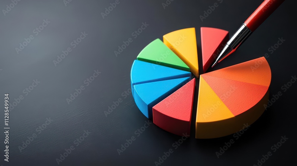 Obraz premium Colorful pie chart on a dark background with a red pen for analysis and presentation.