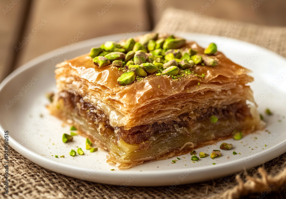 baklava with pistachios on top placed in the center of white plate on burlap background baklava with pistachios on top placed in the center of white plate on burlap background