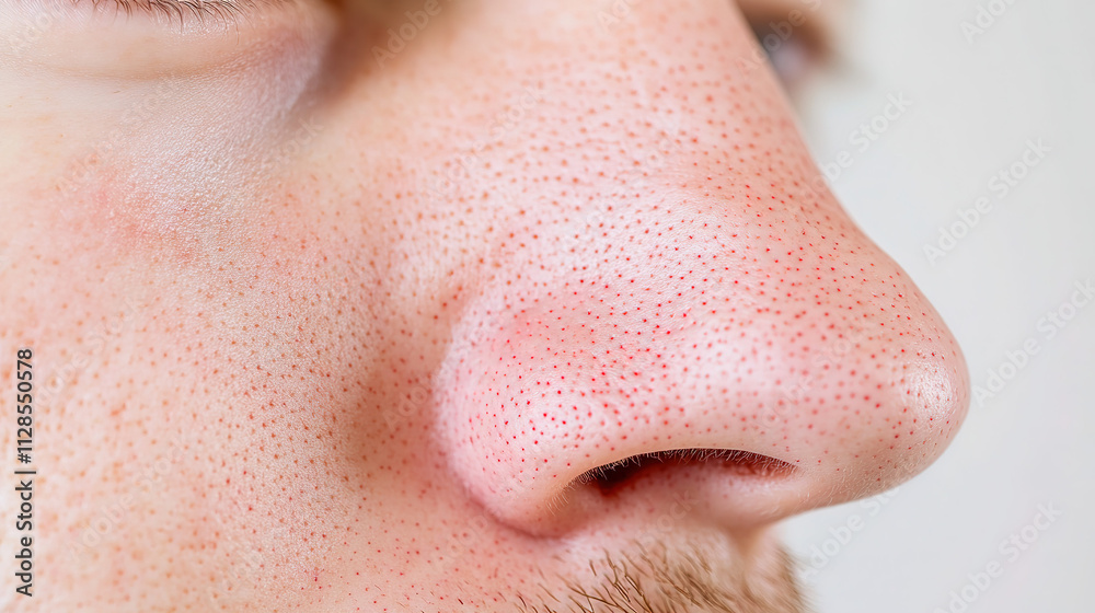 Close up of red irritated nose, emphasizing the discomfort and struggle of allergies or cold symptoms, highlighting the human vulnerability and resilience in the face of common ailments. Close up of red irritated nose, emphasizing the discomfort and struggle of allergies or cold symptoms, highlighting the human vulnerability and resilience in the face of common ailments.