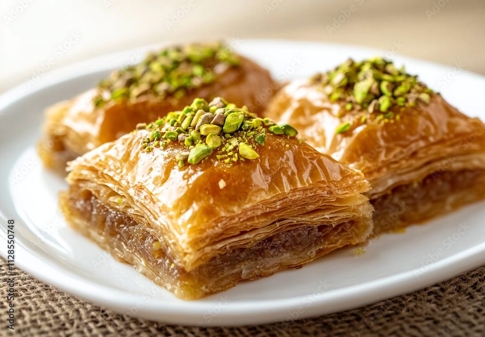 baklava with pistachios on top placed in the center of white plate on burlap background baklava with pistachios on top placed in the center of white plate on burlap background