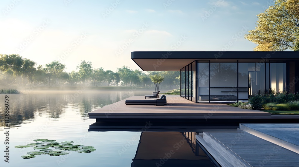 Fototapeta premium Modern cabin on the water, floating dock with sun deck and seating area, wood slat wall facade