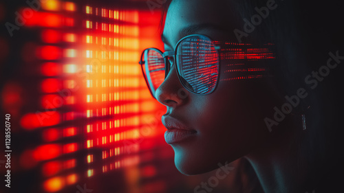 A woman is looking at a computer screen with a red background. The woman is wearing glasses and has a serious expression on her face