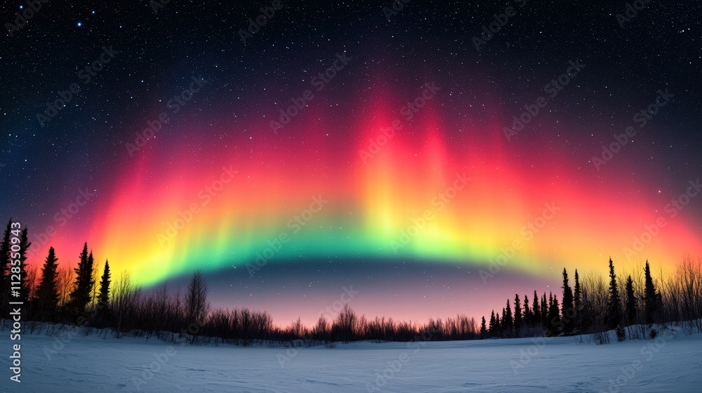 A stunning display of the aurora borealis lights up the night sky with vibrant colors over a snowy landscape and silhouetted trees. A stunning display of the aurora borealis lights up the night sky with vibrant colors over a snowy landscape and silhouetted trees.