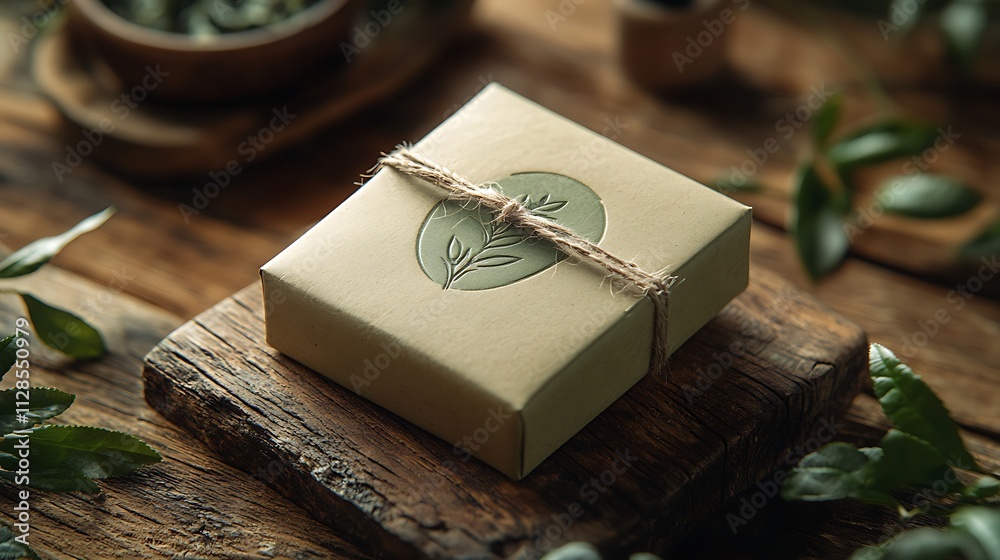 A rustic green tea packaging design with earthy kraft paper, embossed green logo, and twine detailing, placed on a textured wooden table with sprigs of fresh green tea leaves, natural and inviting. A rustic green tea packaging design with earthy kraft paper, embossed green logo, and twine detailing, placed on a textured wooden table with sprigs of fresh green tea leaves, natural and inviting.