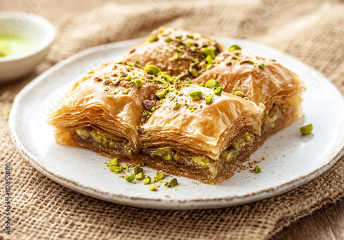 baklava with pistachios on top placed in the center of white plate on burlap background