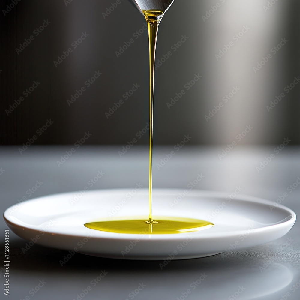 A drizzle of olive oil pouring from a stainless-steel spout onto a pristine white plate. A drizzle of olive oil pouring from a stainless-steel spout onto a pristine white plate.