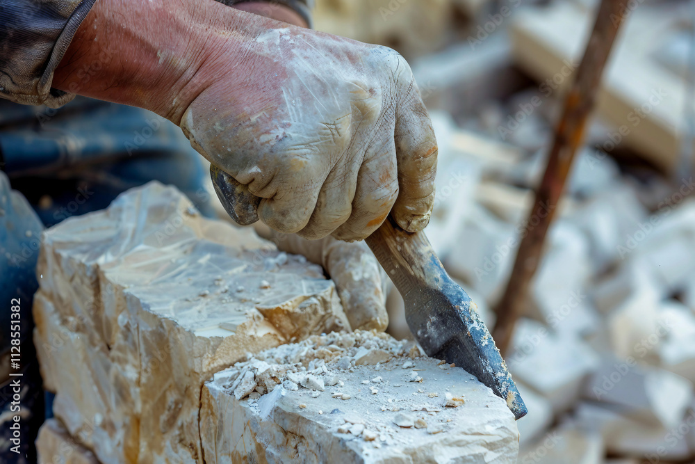 Generative AI Image of a Stonemason Working with Stone, Shaping and Carving Stone Surface Generative AI Image of a Stonemason Working with Stone, Shaping and Carving Stone Surface
