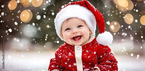 Adorable baby in Santa suit smiling amid sparkling holiday lights.