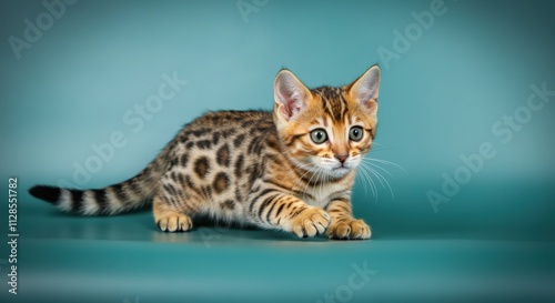 Curious bengal kitten with striking spots and playful expression posed on teal background photo