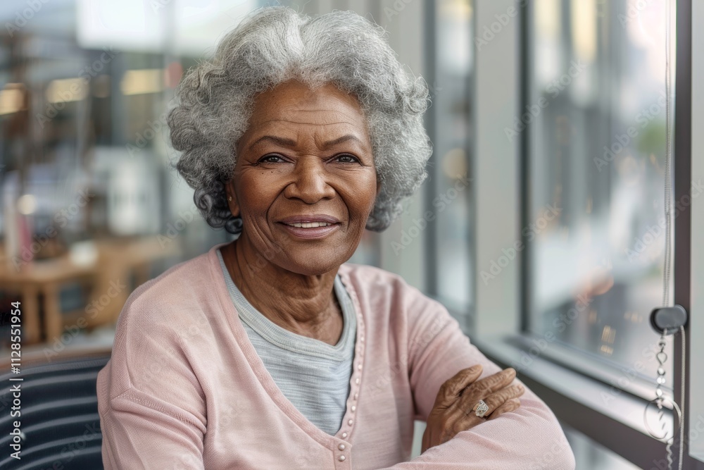 Portrait of a glad afro-american elderly woman in her 90s sporting a long-sleeved thermal undershirt on sophisticated corporate office background Portrait of a glad afro-american elderly woman in her 90s sporting a long-sleeved thermal undershirt on sophisticated corporate office background