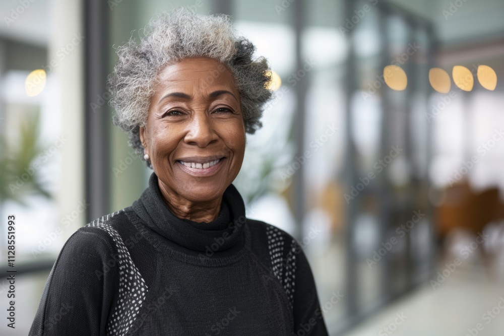 Portrait of a glad afro-american elderly woman in her 90s sporting a long-sleeved thermal undershirt over sophisticated corporate office background Portrait of a glad afro-american elderly woman in her 90s sporting a long-sleeved thermal undershirt over sophisticated corporate office background