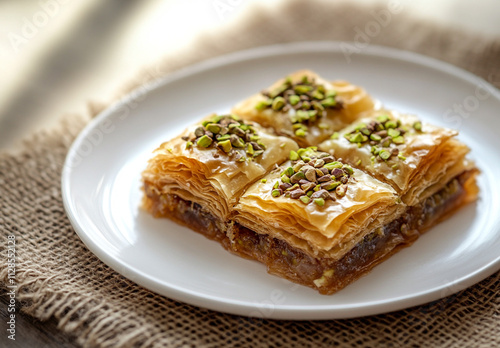 baklava with pistachios on top placed in the center of white plate on burlap background