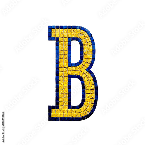 A mosaic letter B made up of small square tiles in yellow and blue colors.