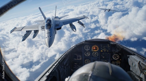 Fighter jet cockpit view with two aircraft flying above clouds.